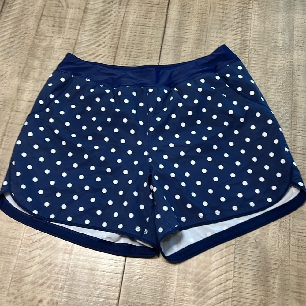 Lands End women's Navy Polka Dot swim shorts w/ built in liner undies. Like new